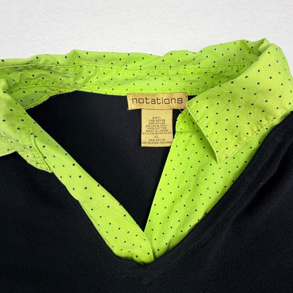 Notations Womens XL Black V-Neck Sweater Neon Green Polka Dot Layered Top - Picture 7 of 8